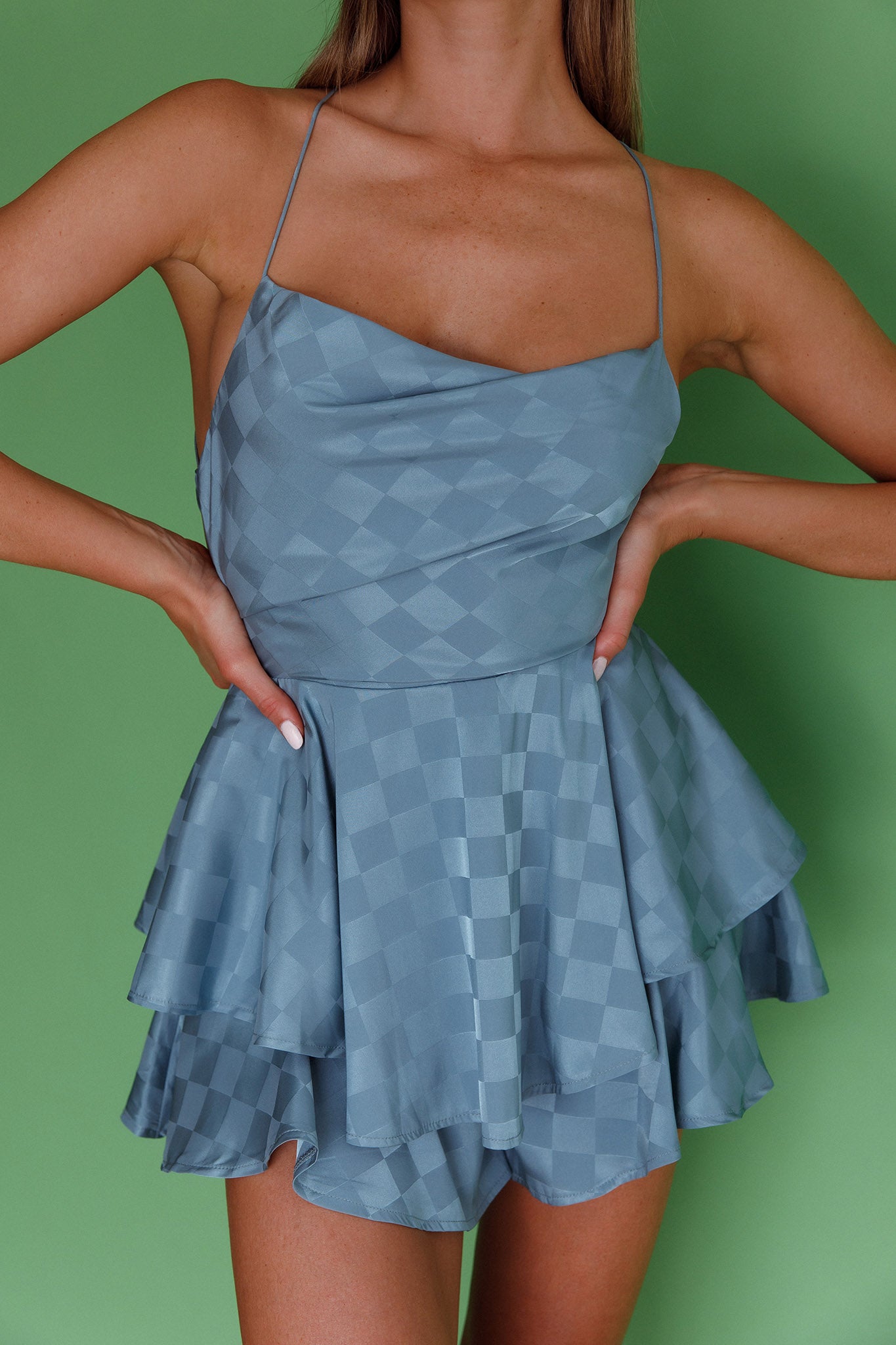 Elegant Strap Sage Satin Checkered Ruffle Open Back Tie-Up Romper