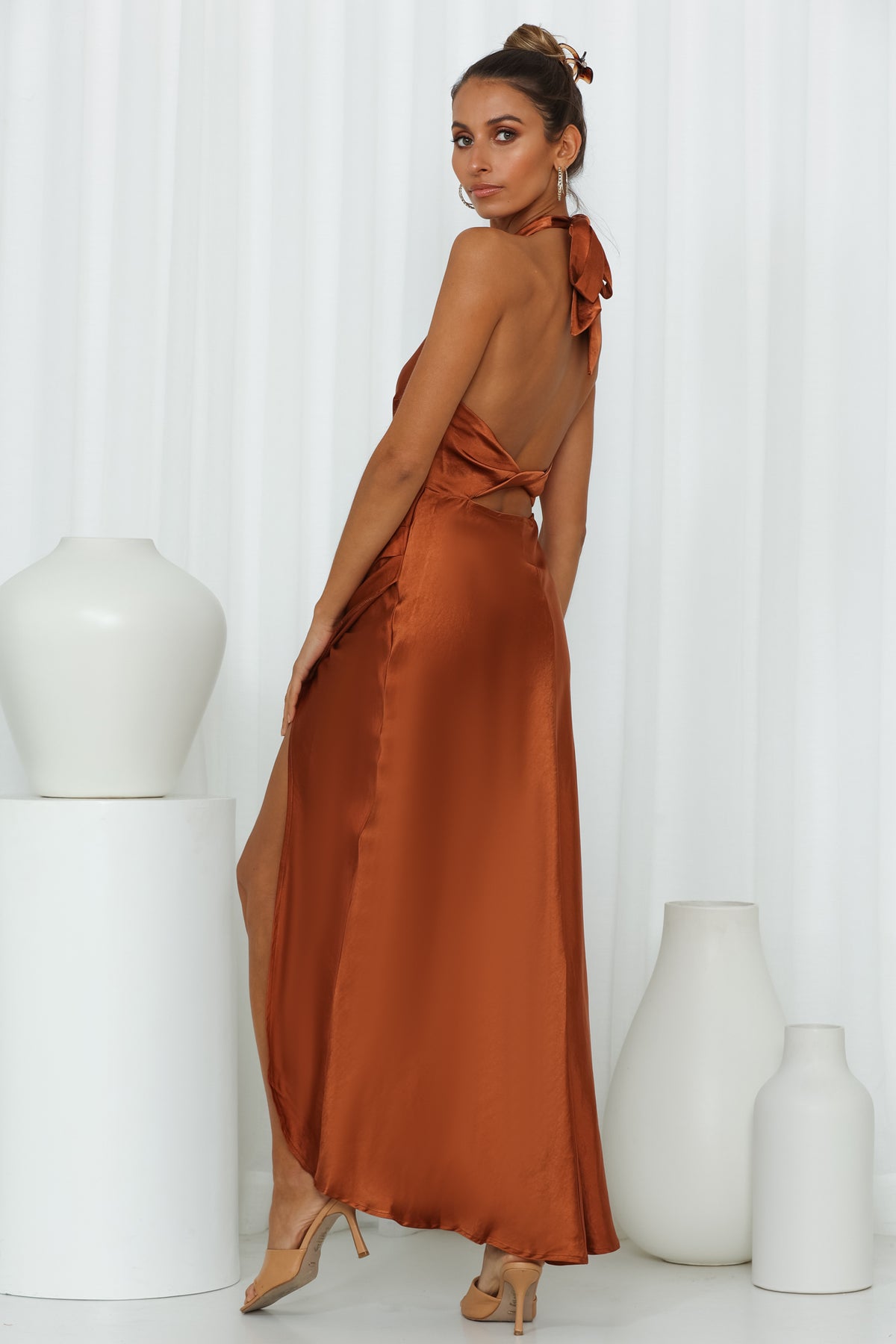 Elegant Halter Chocolate Satin Maxi Dress Open Back Tie-Up with Slit