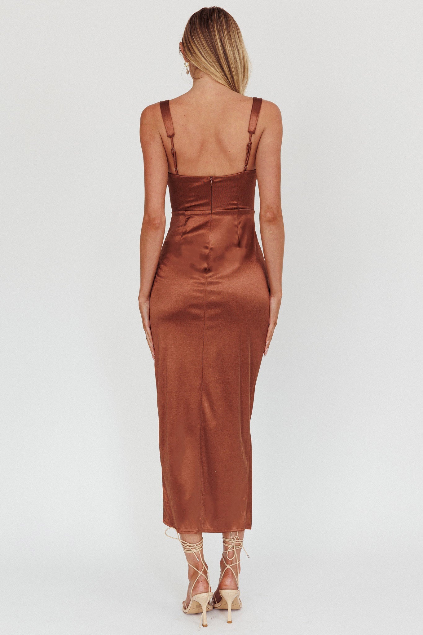 Elegant Strap Chocolate Satin Couture Corset Maxi Dress with Slit