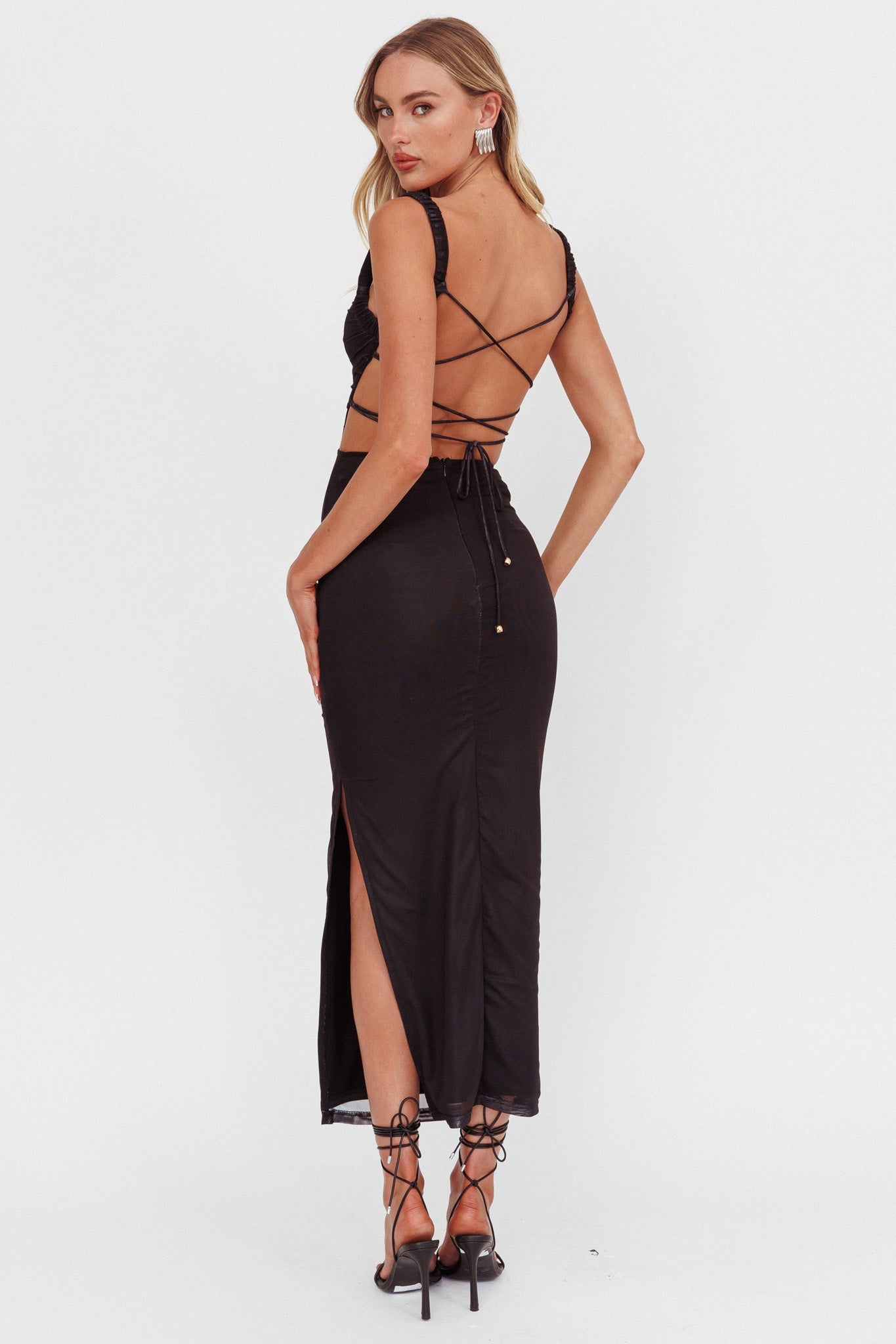 black midi dress with slit Dream Crush Lace-Up Back Maxi Dress Lily Black