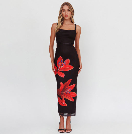 Elegant Strap Black Floral Print Open Back Tie-Up Maxi Dress with Slit