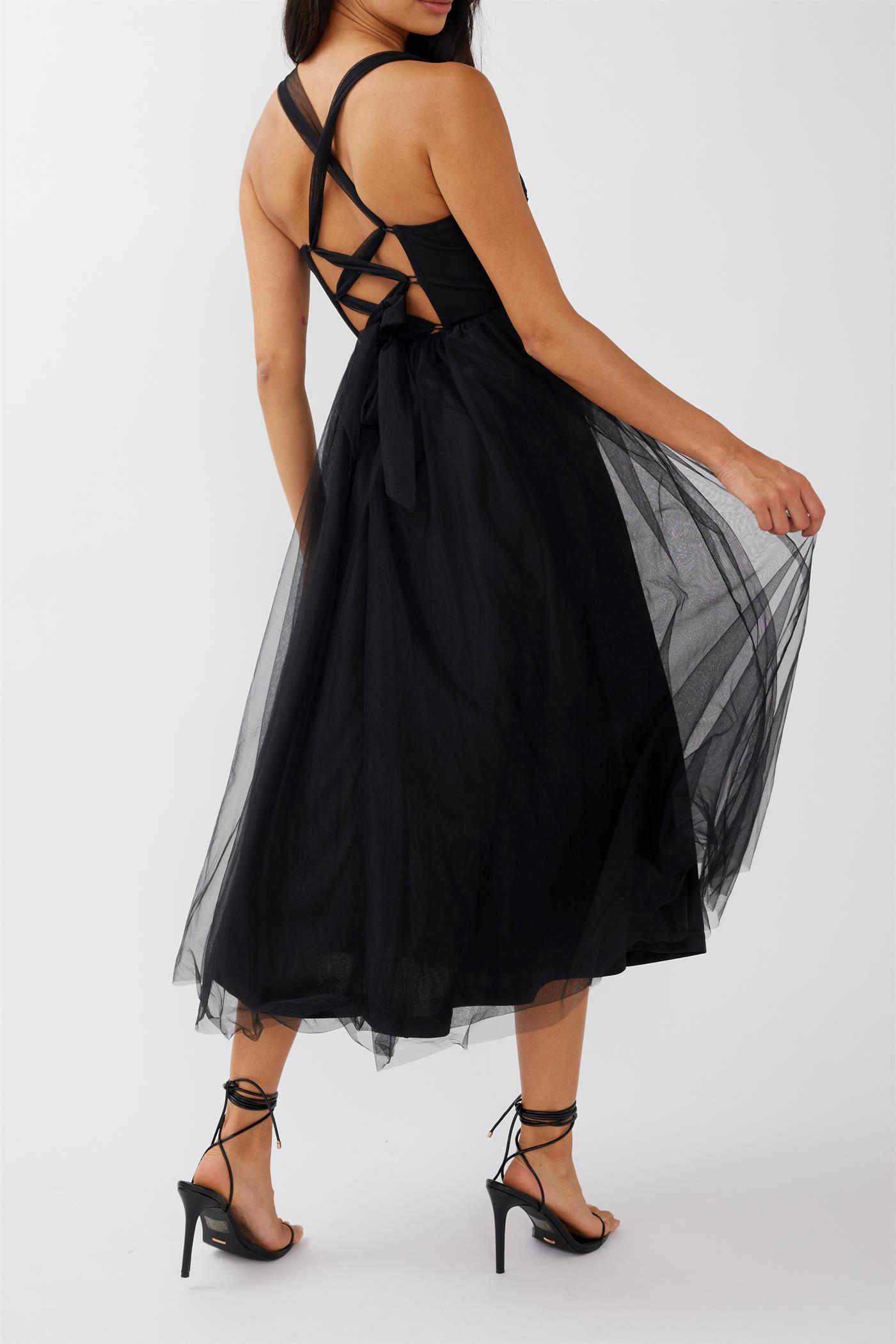 Elegant Strap Black Tulle Mesh Corset Maxi Dress Back Tie-Up