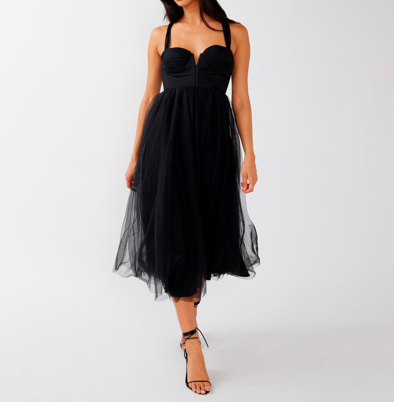 Elegant Strap Black Tulle Mesh Corset Maxi Dress Back Tie-Up