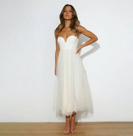 Elegant Strap Butter Tulle Mesh Corset Maxi Dress Back Tie-Up
