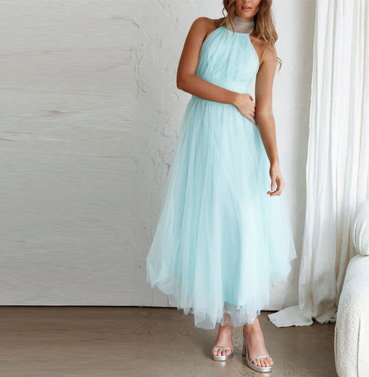 Elegant Halter Mint Tulle Maxi Dress Open Back Tie-Up