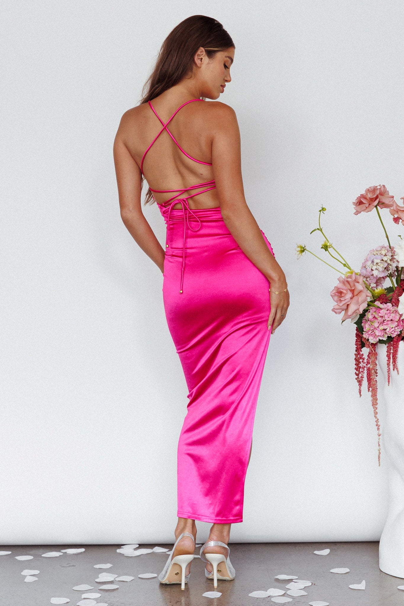 Elegant Fuchsia Strap Satin Cut Out Midi Dress Open Back Tie-Up with Middle Slit