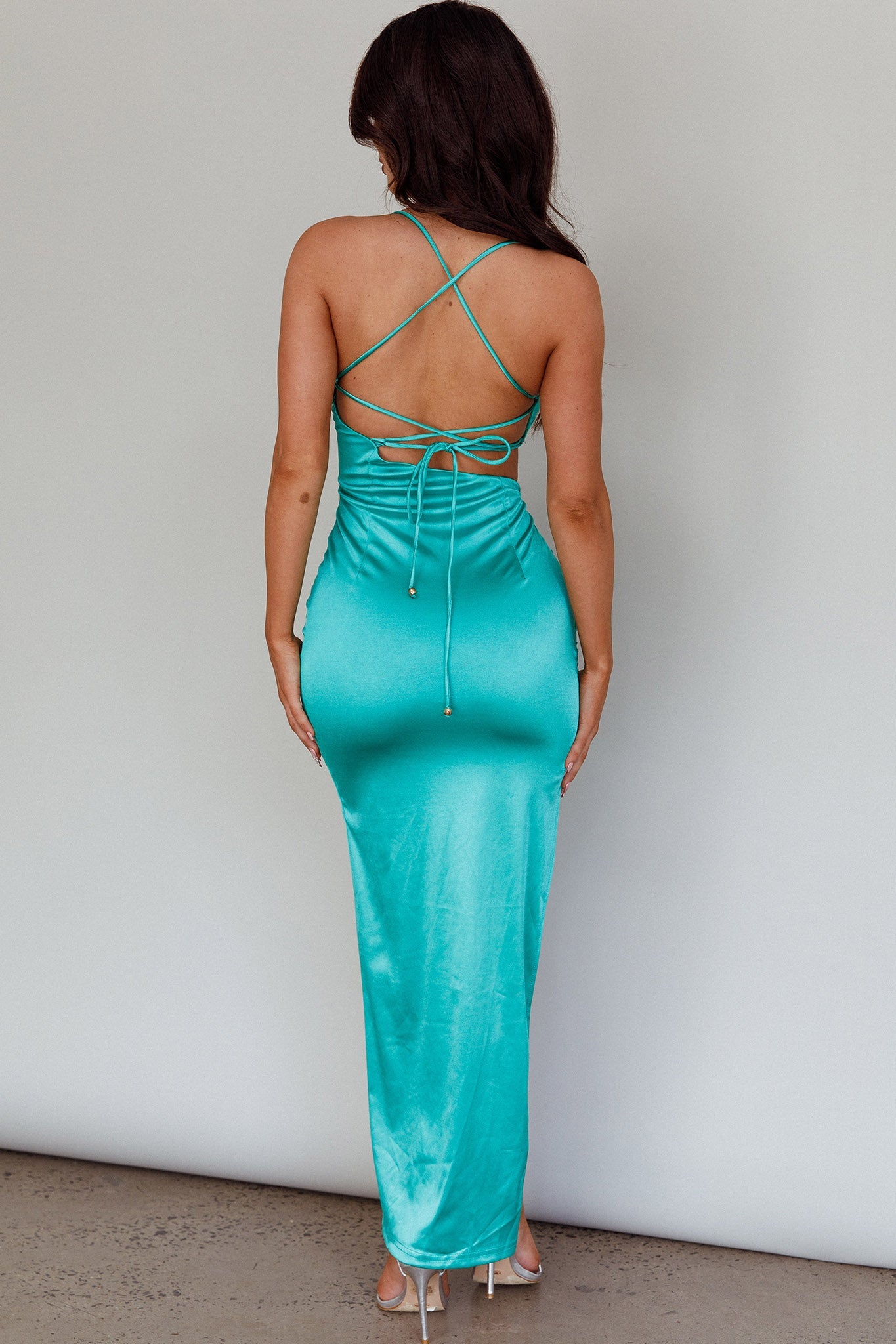 Elegant Green Strap Satin Cut Out Midi Dress Open Back Tie-Up with Middle Slit Elegant Green Strap Satin Cut Out Midi Dress Open Back Tie-Up with Middle Slit