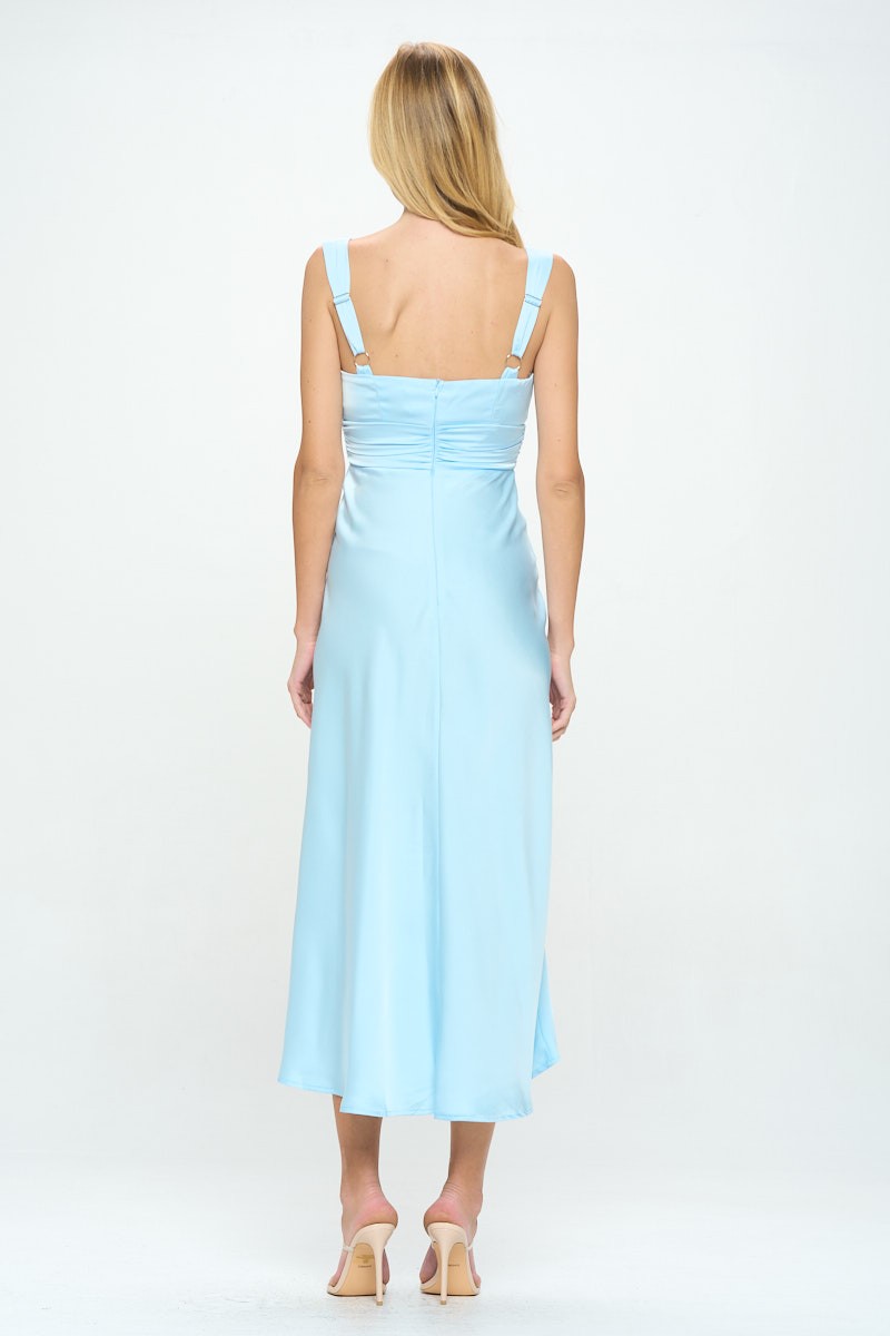 Elegant Steel Blue Strap Knot Satin Ruffle V-Neck Maxi Dress with Middle Slit