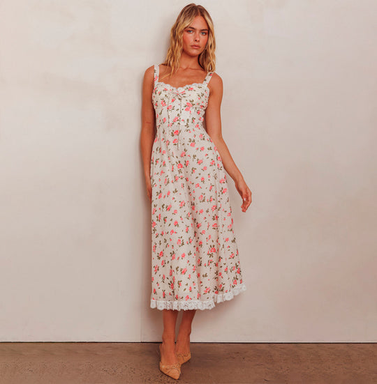 Fashion Cream Strap Floral Print Ruffle V-Neck Corset Maxi Dress