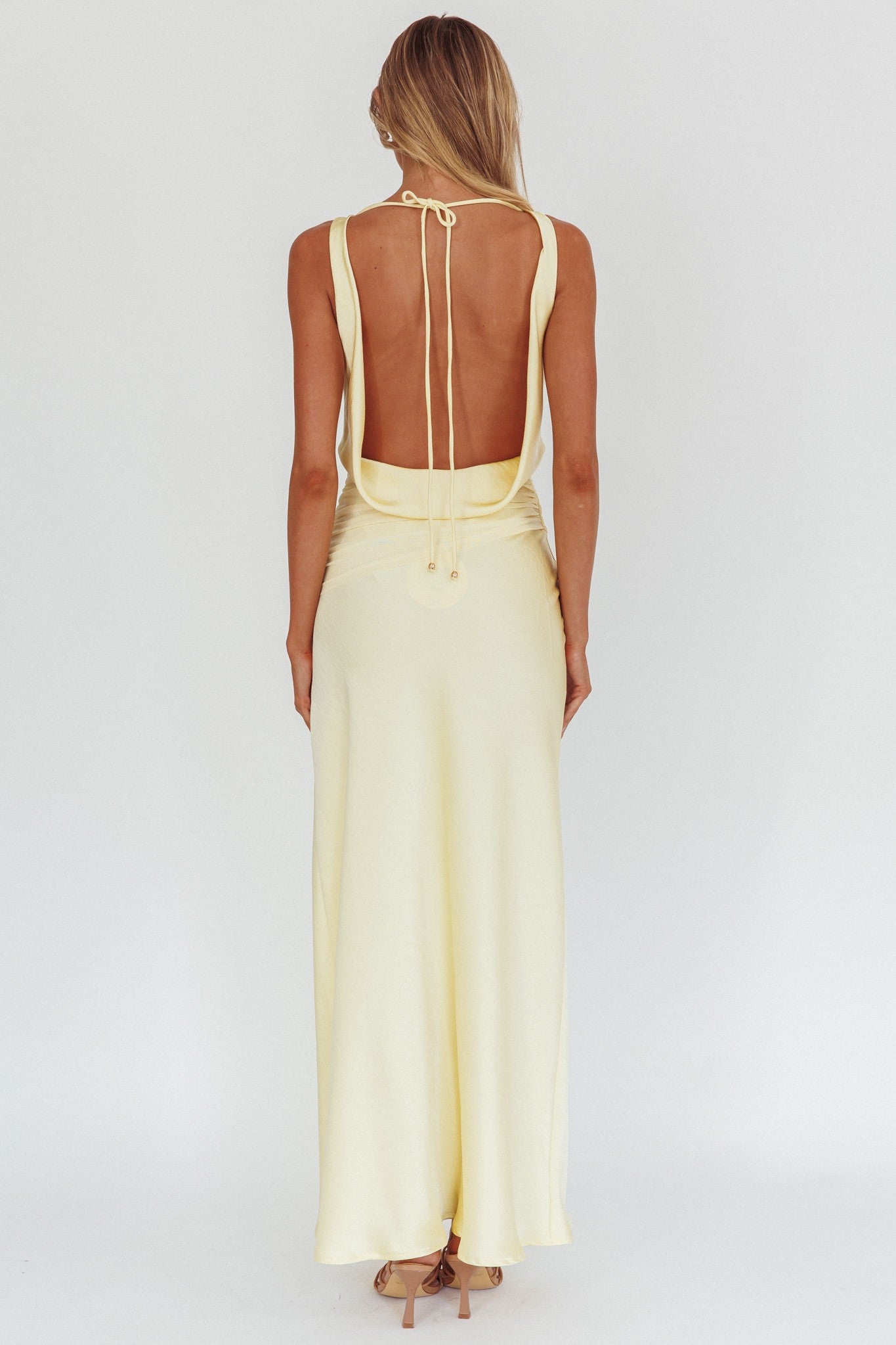 Elegant Butter Strap Satin Mesh Open Back Tie-Up Maxi Dress
