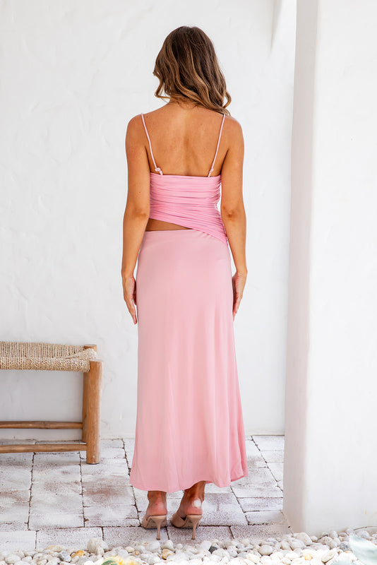 Fashion Hot Pink Strap Cut Out Waist Mesh Midi Dress Fashion Hot Pink Strap Cut Out Waist Mesh Midi Dress