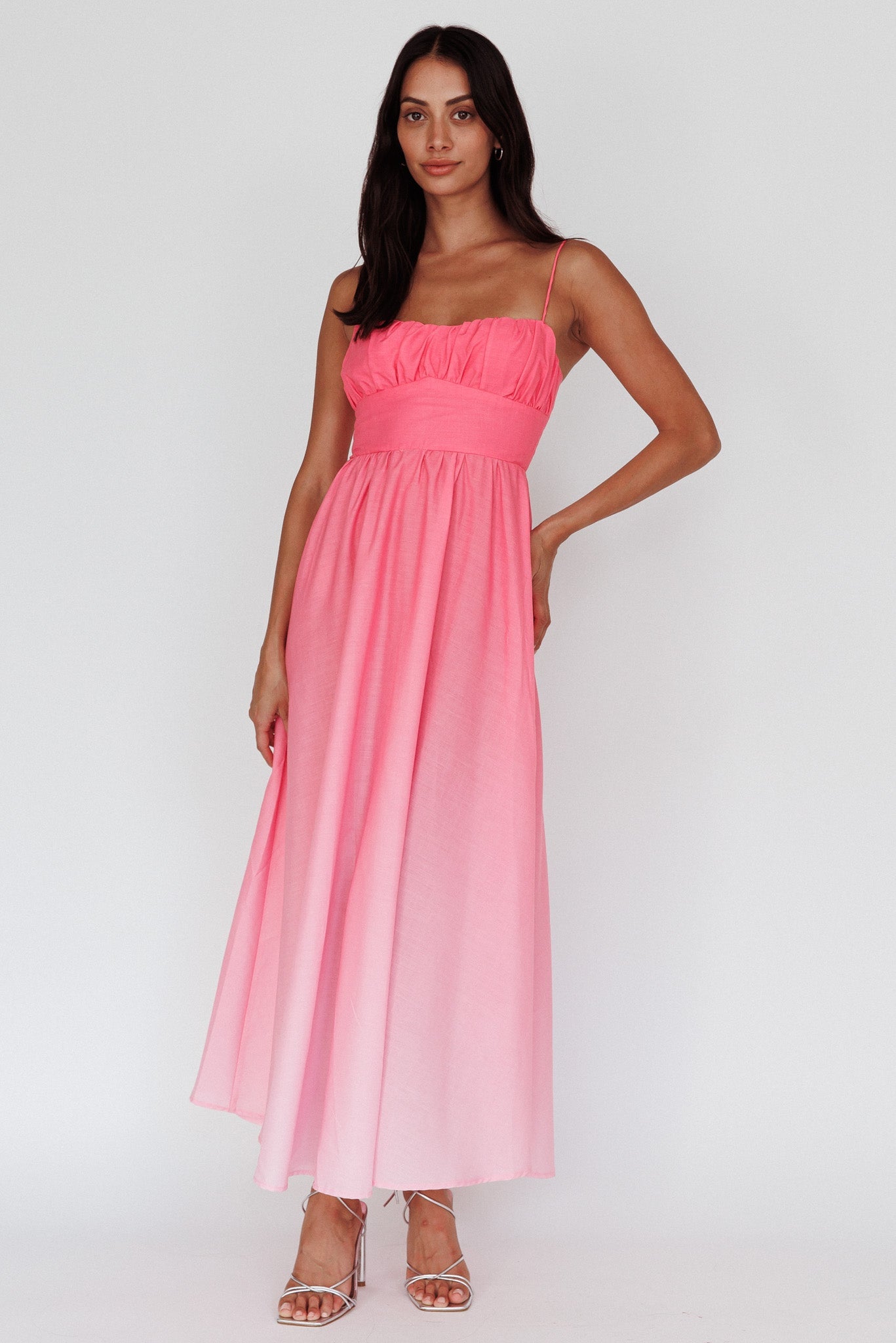 Fashion Summer Pink Strap Watercolor Ruffle Maxi Dress