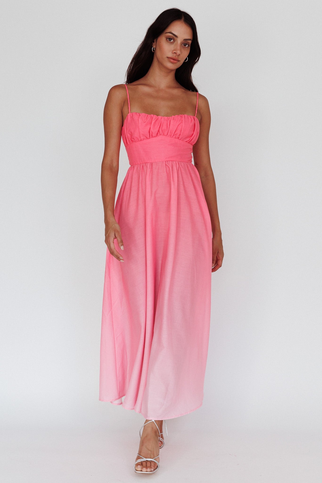 Fashion Summer Pink Strap Watercolor Ruffle Maxi Dress