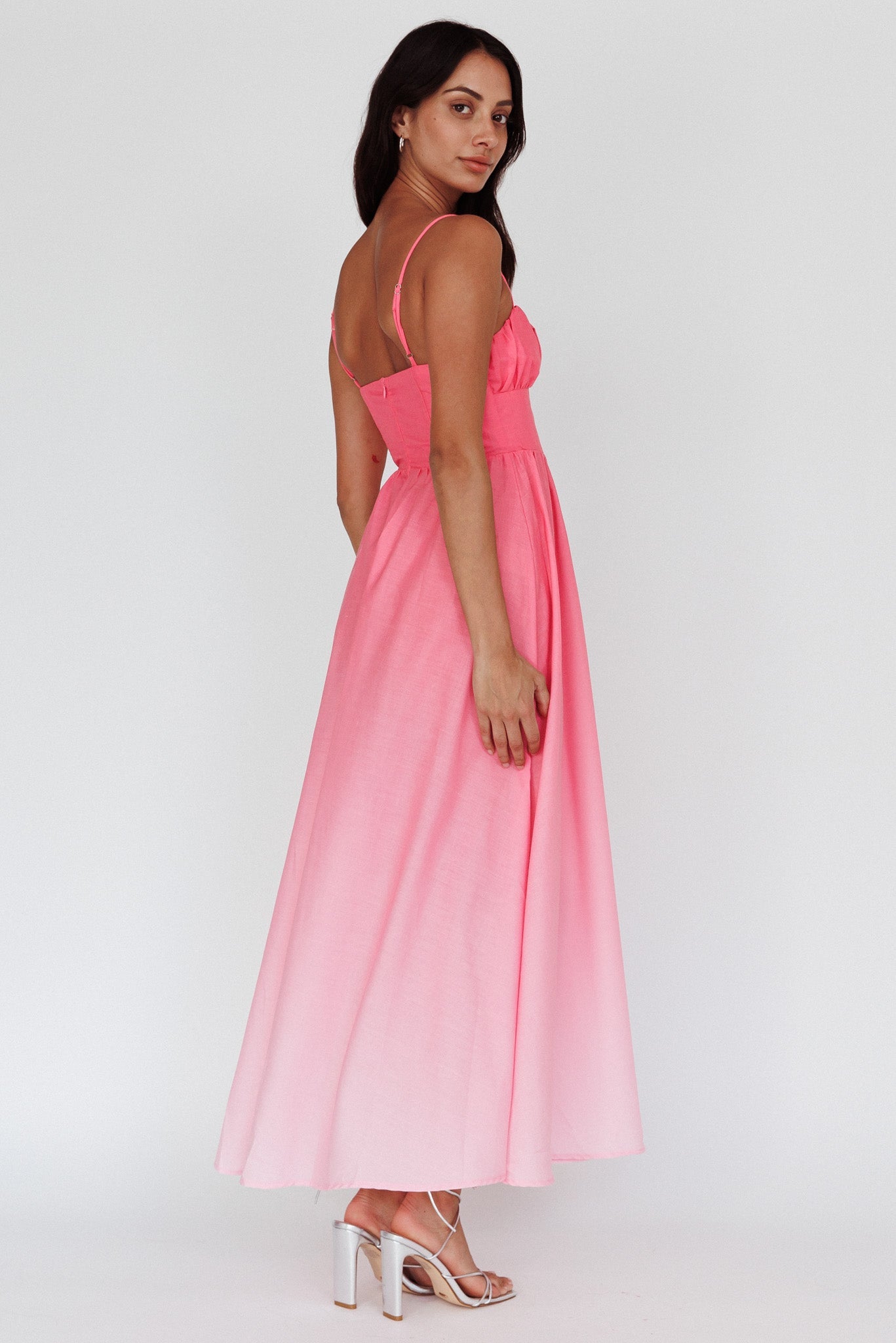 Fashion Summer Pink Strap Watercolor Ruffle Maxi Dress