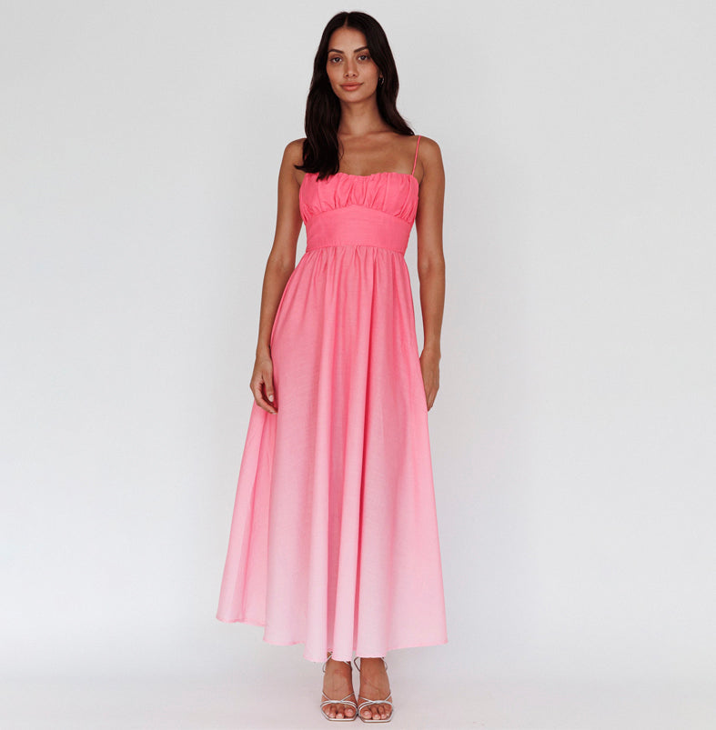 Fashion Summer Pink Strap Watercolor Ruffle Maxi Dress