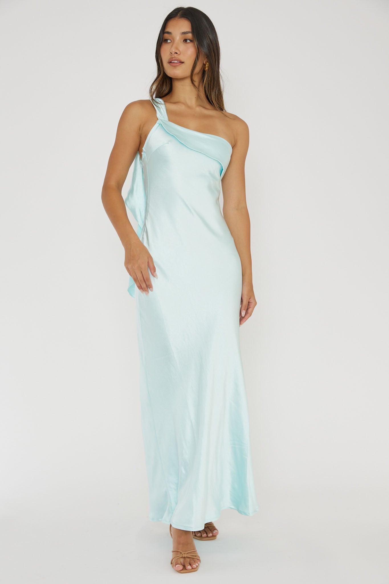 Elegant One Shoulder Ice Satin Ruffle Maxi Dress