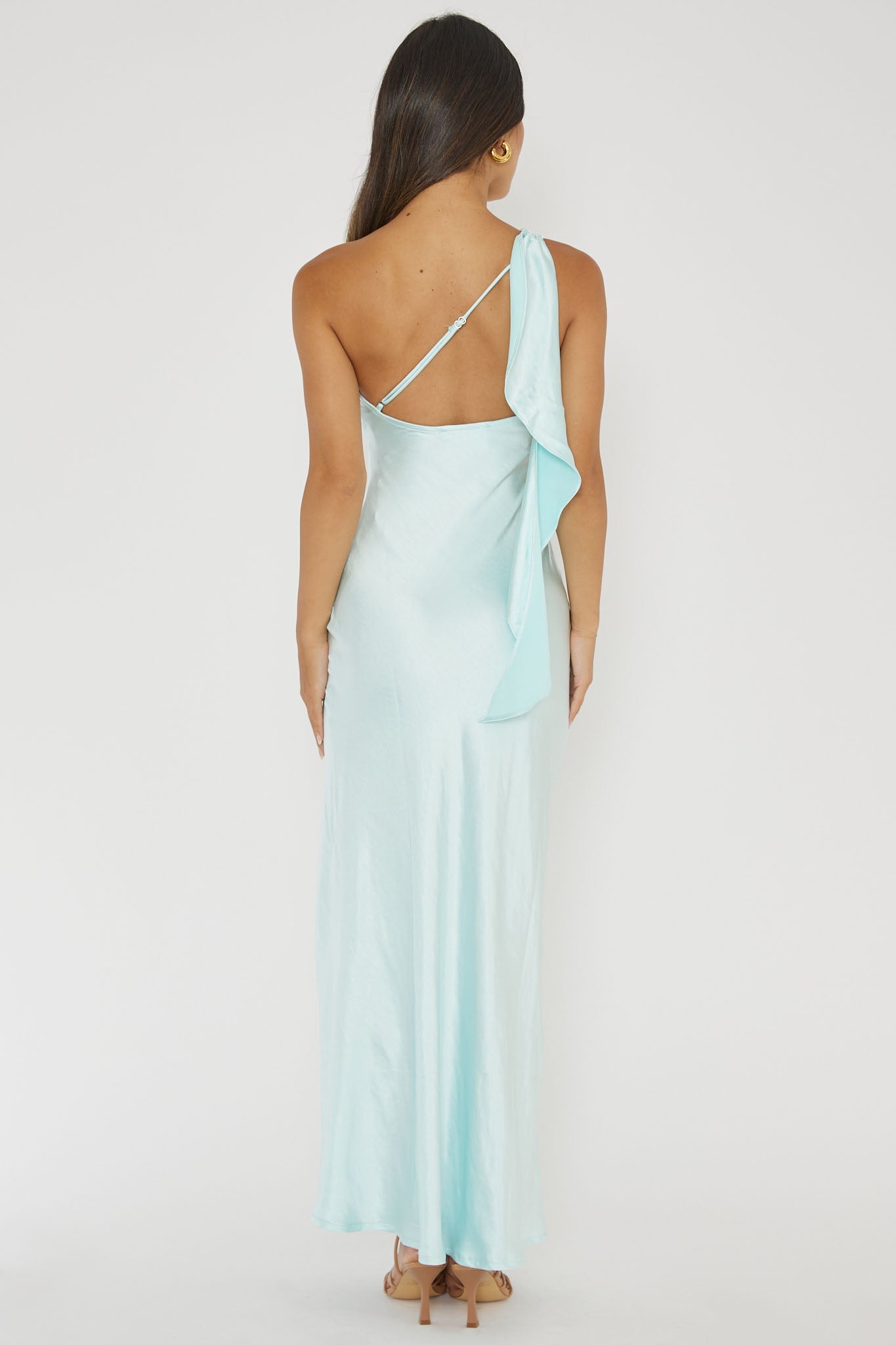 Elegant One Shoulder Ice Satin Ruffle Maxi Dress