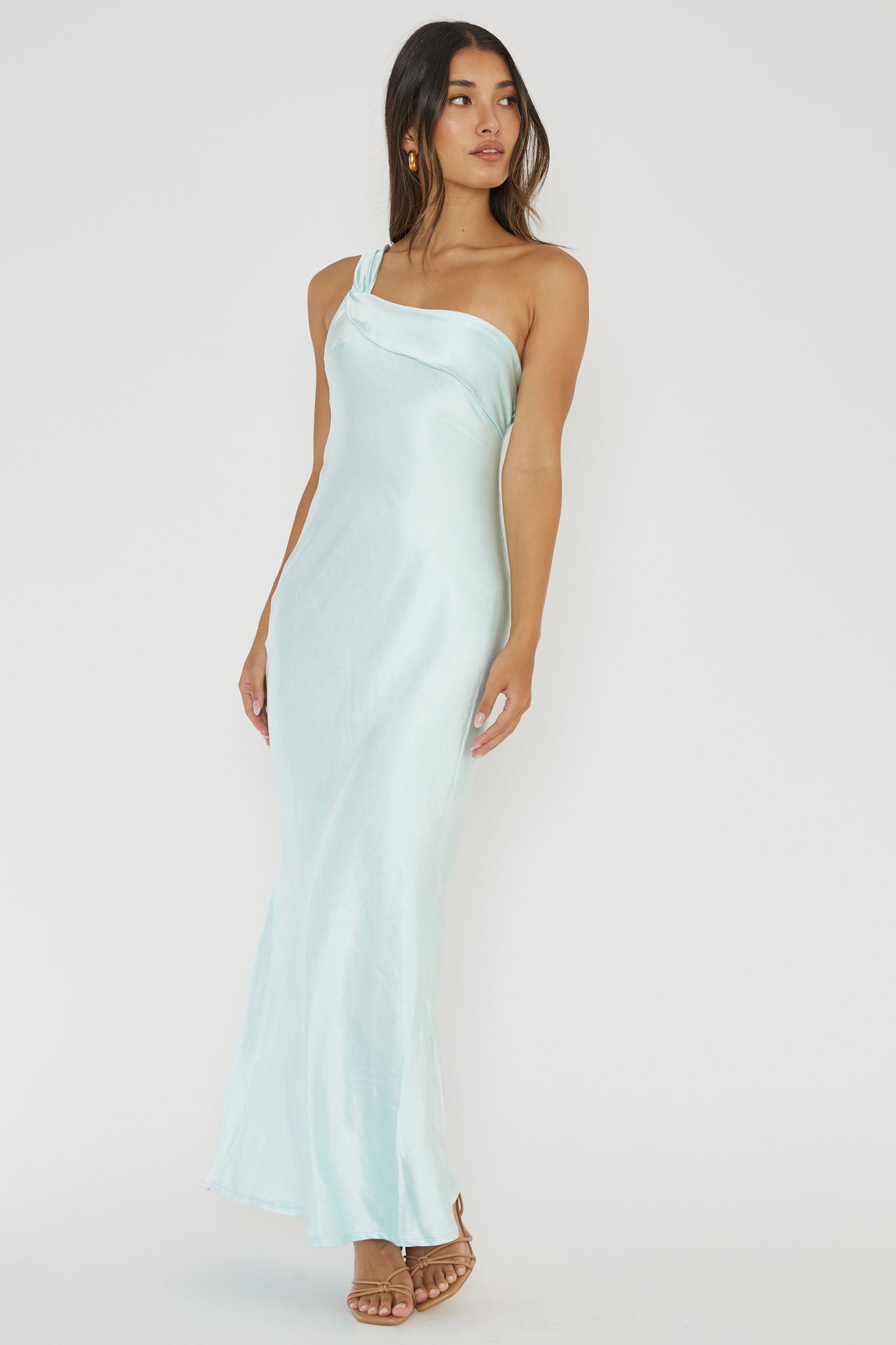 Elegant One Shoulder Ice Satin Ruffle Maxi Dress