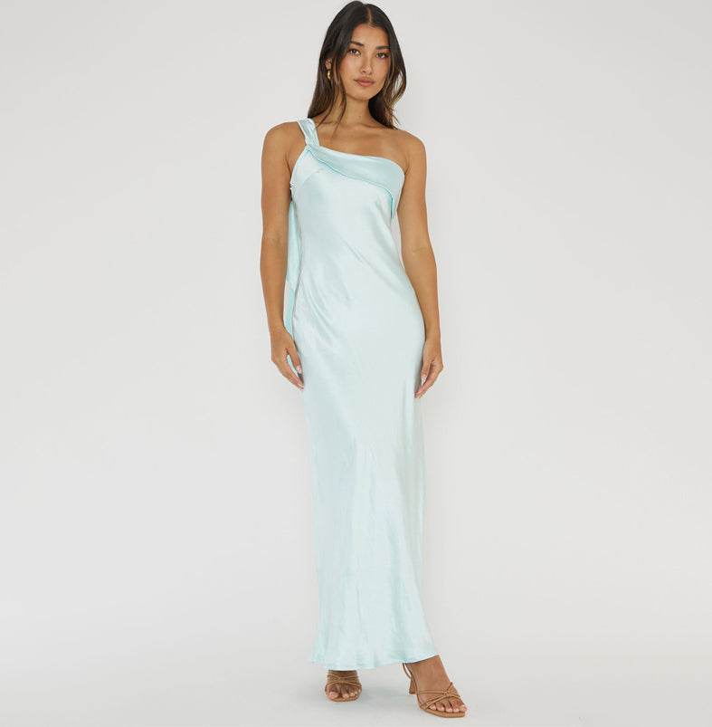 Elegant One Shoulder Ice Satin Ruffle Maxi Dress