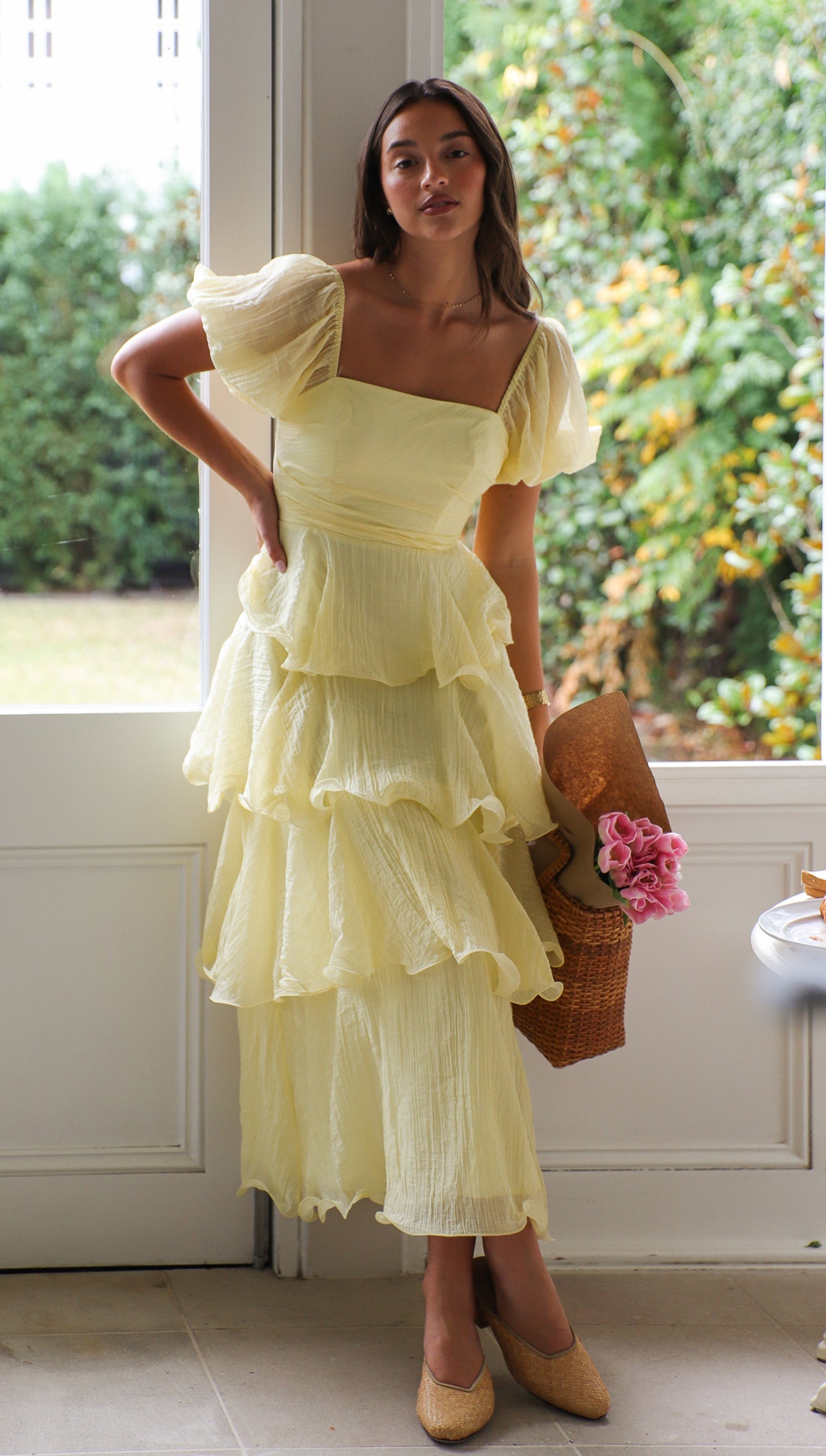 Fashion Summer Off Shoulder Lemon Ruffle Layered Maxi Dress