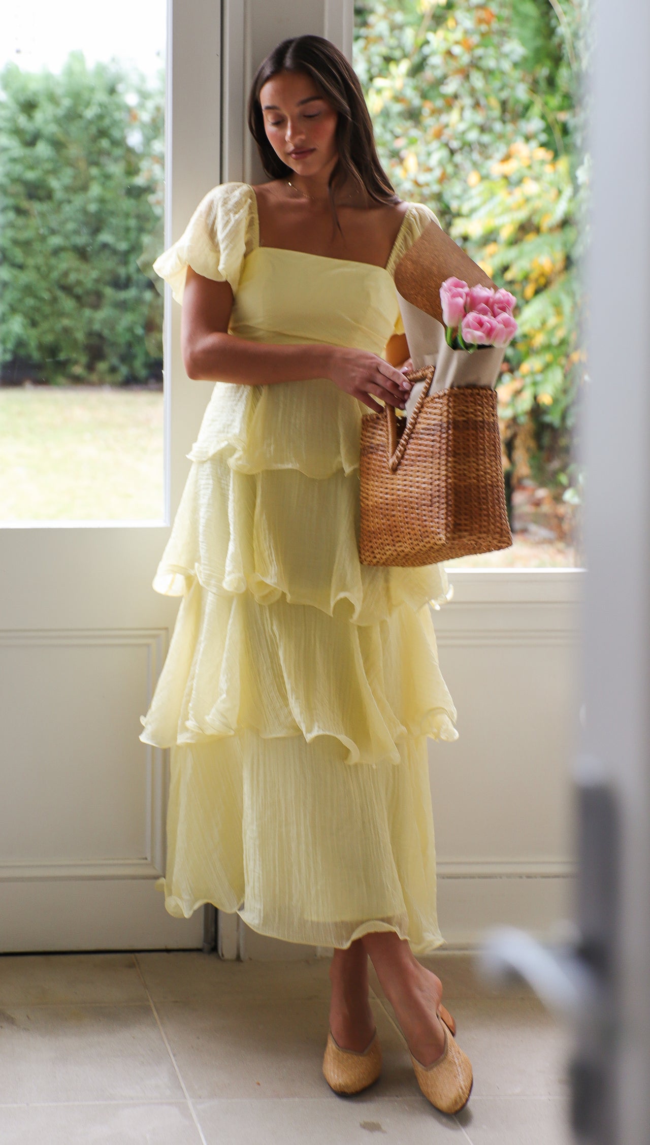 Fashion Summer Off Shoulder Lemon Ruffle Layered Maxi Dress