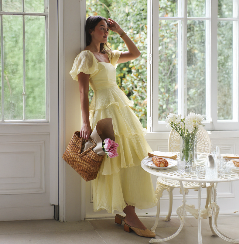 Fashion Summer Off Shoulder Lemon Ruffle Layered Maxi Dress