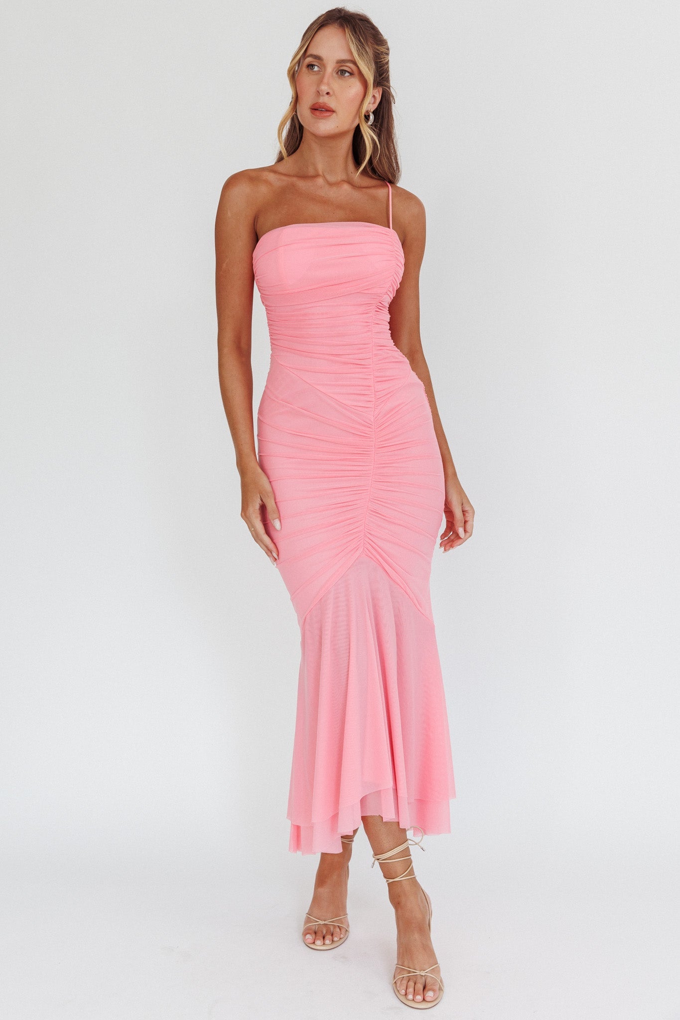 Fashion One Shoulder Strap Pink Ruffle Detailed Maxi Dress