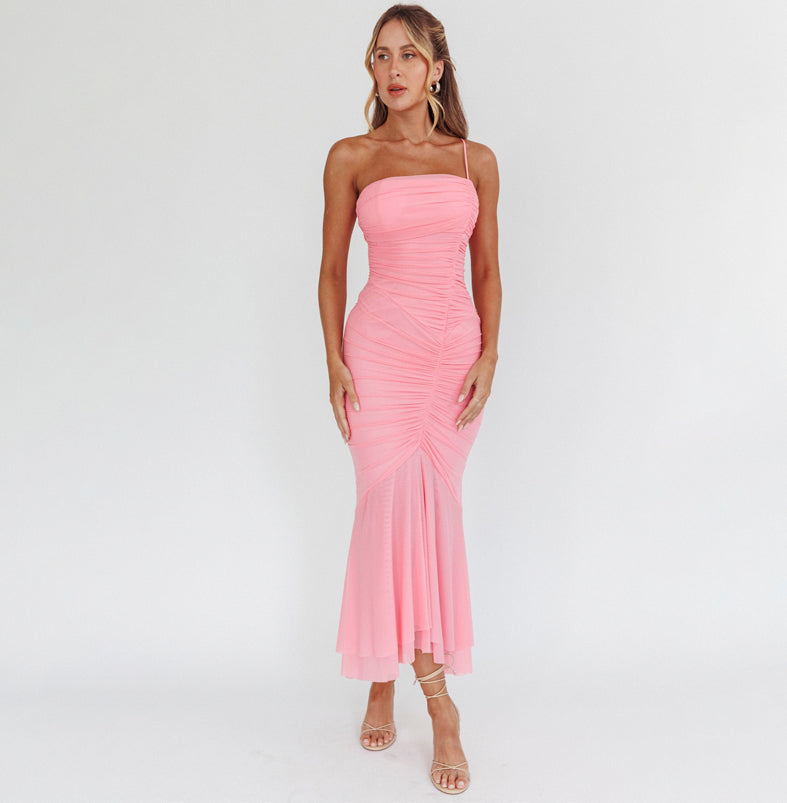 Fashion One Shoulder Strap Pink Ruffle Detailed Maxi Dress