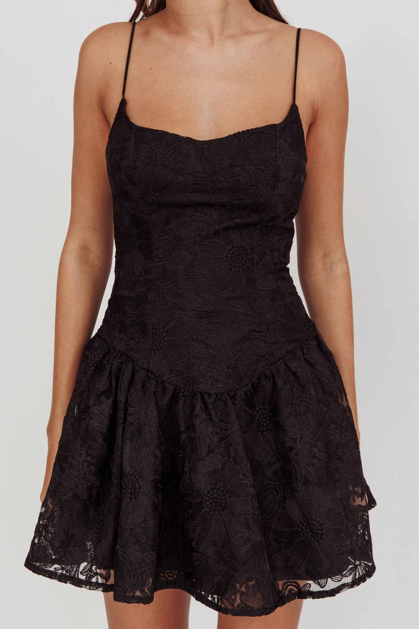 Fashion Strap Black Floral Embroidery Ruffle Corset Mini Dress EDITE MODE Fashion Strap Black Floral Embroidery Ruffle Corset Mini Dress EDITE MODE