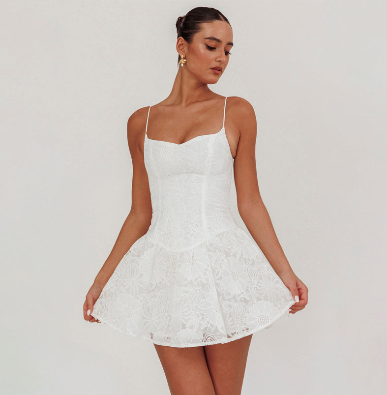 Fashion Strap White Floral Embroidery Ruffle Corset Mini Dress