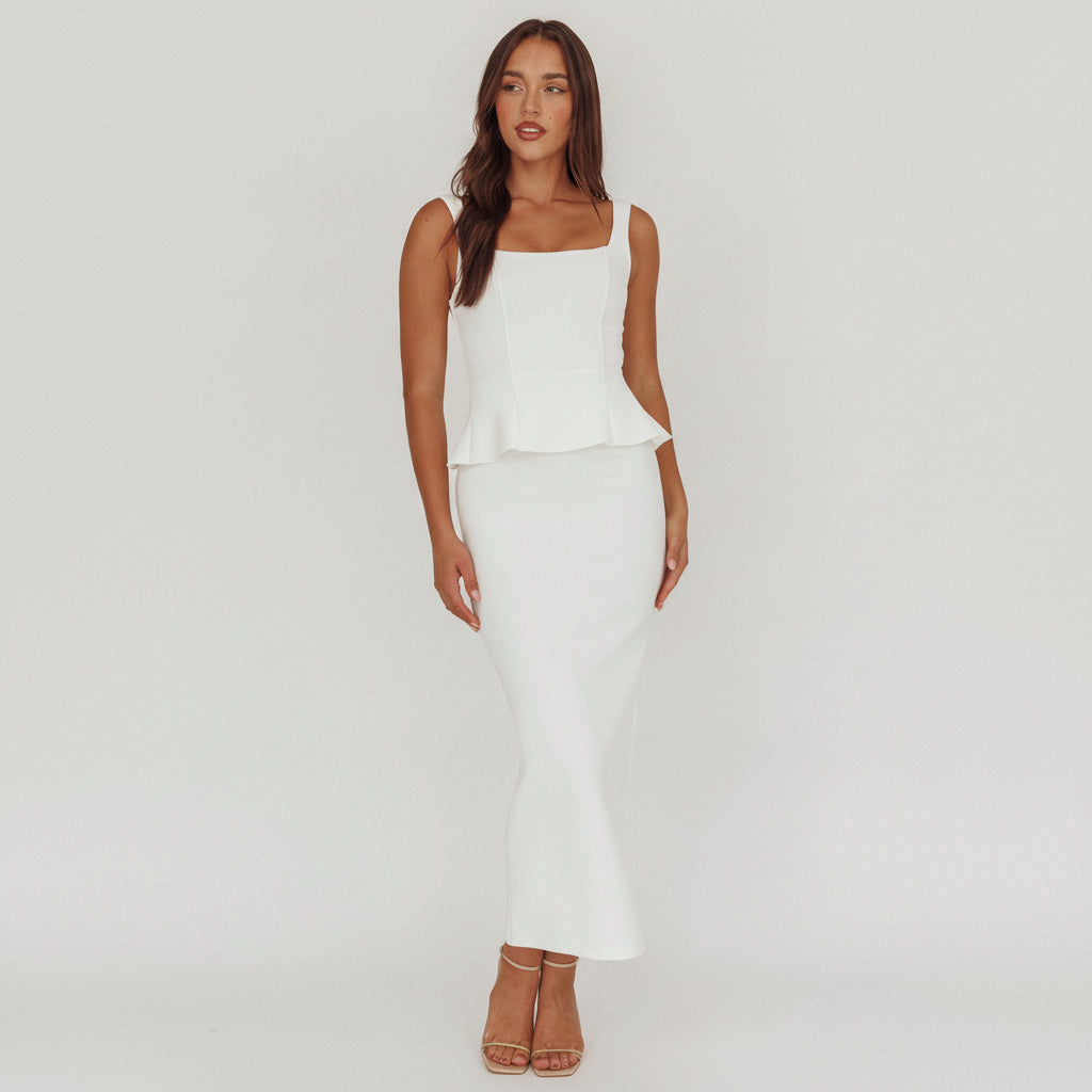 Fashion Strap White Ruffle Peplum Maxi Dress