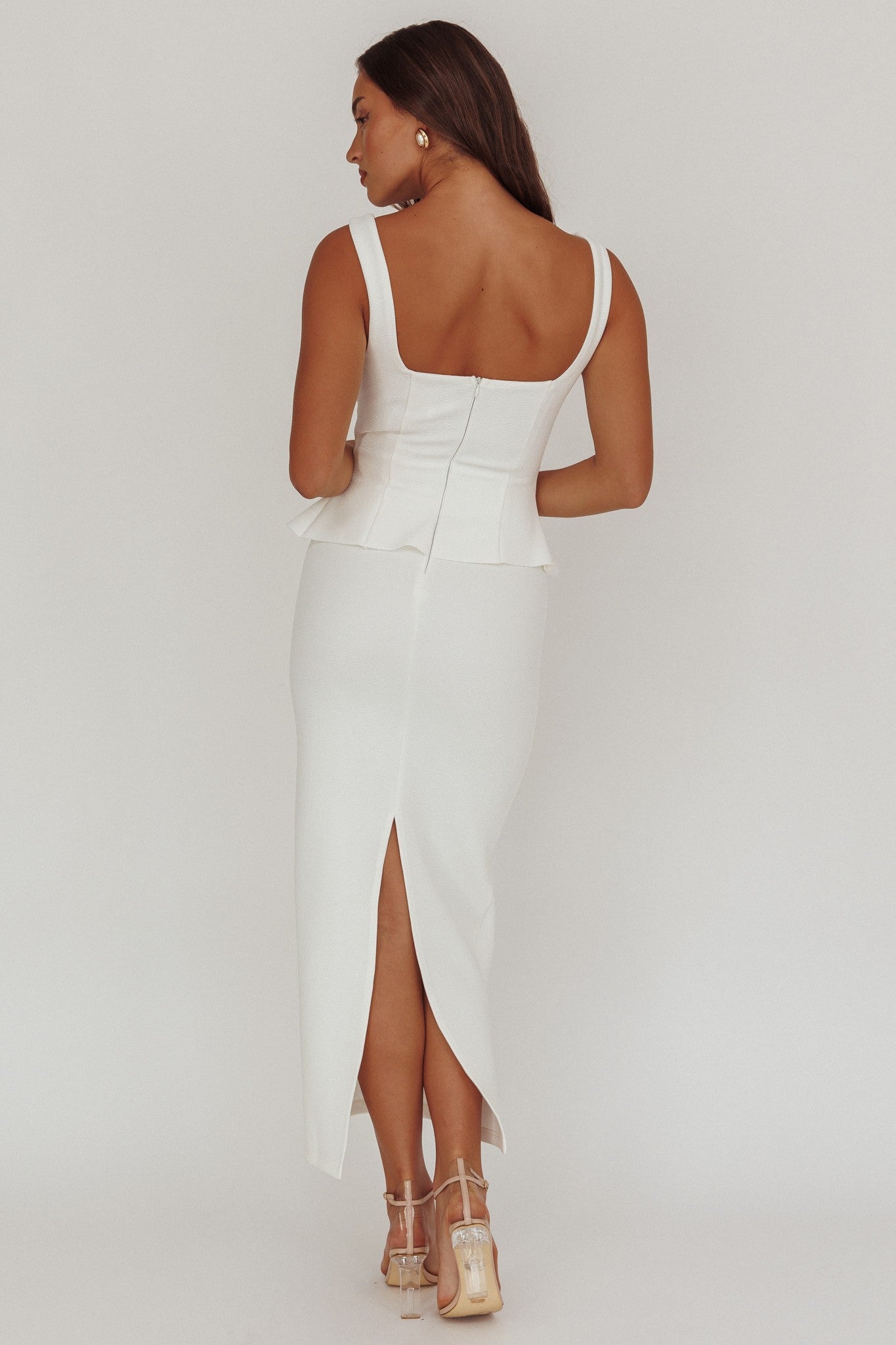 Fashion Strap White Ruffle Peplum Maxi Dress