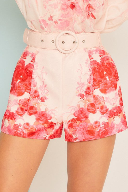 Elegant Pink Floral Print High Waisted Tie-Up Shorts