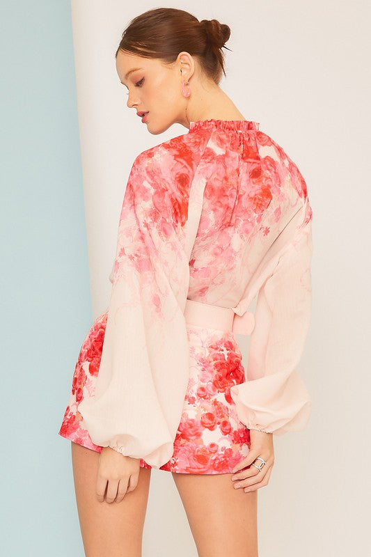 Elegant Pink Floral Print Blouse Tie-Up with Bell Sleeve