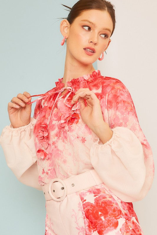 Elegant Pink Floral Print Blouse Tie-Up with Bell Sleeve