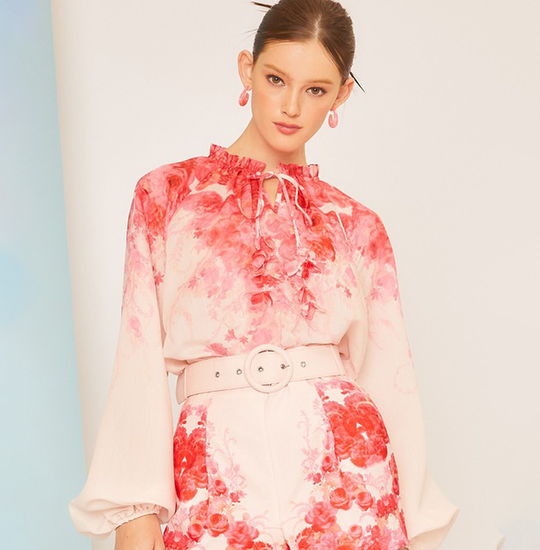 Elegant Pink Floral Print Blouse Tie-Up with Bell Sleeve
