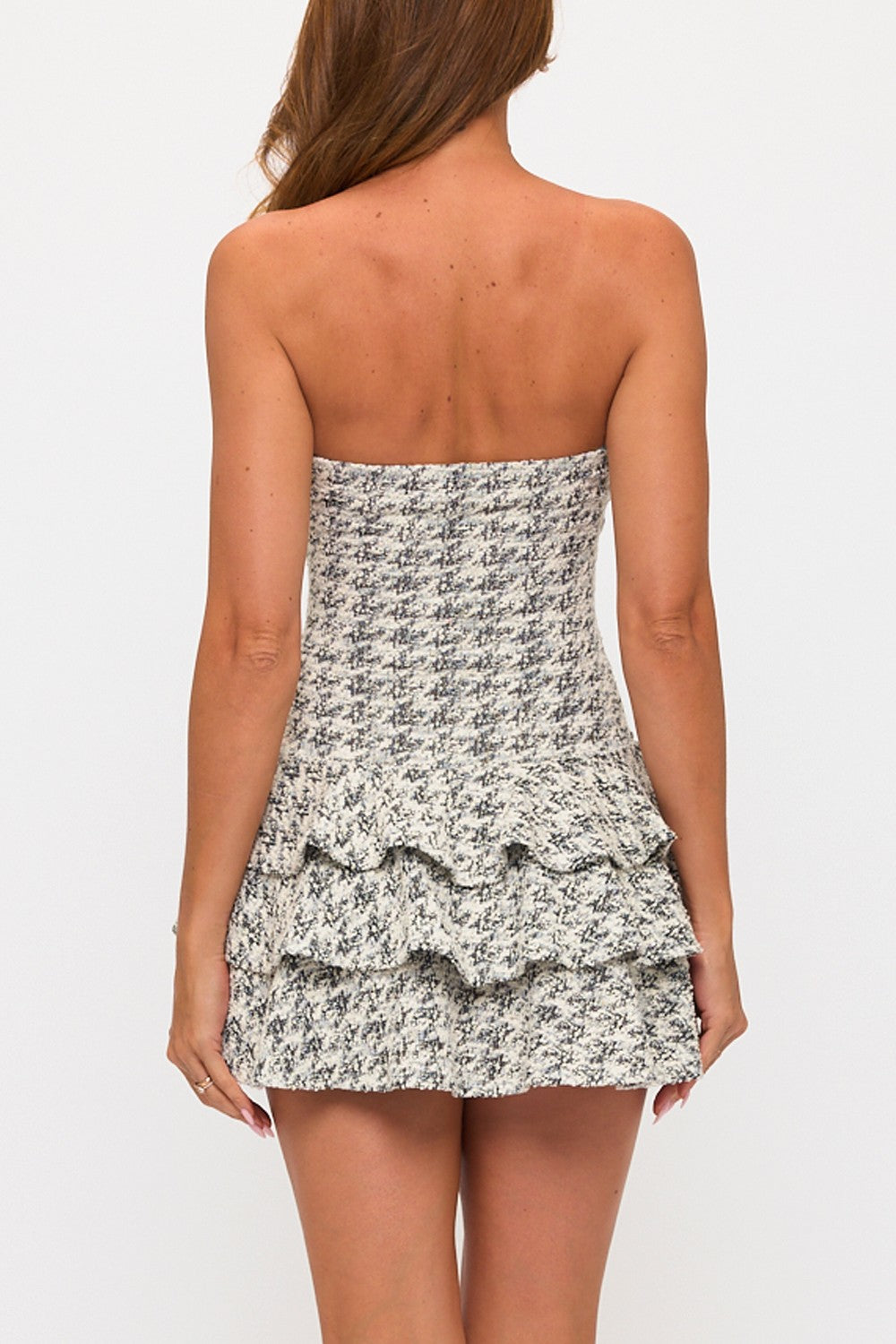 Elegant Strapless Black Contrast Textured Detailed Ruffle Layered Mini Dress