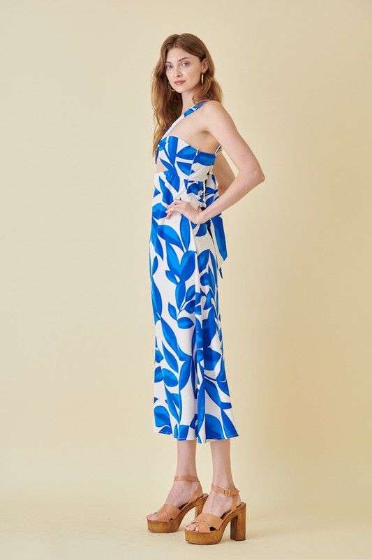Fashion One Shoulder White Blue Floral Print Cut-Out Back Tie-Up Midi Dress