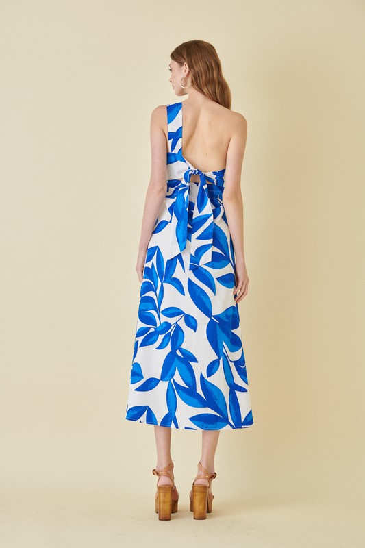 Fashion One Shoulder White Blue Floral Print Cut-Out Back Tie-Up Midi Dress