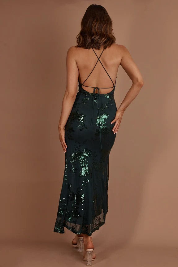 Elegant Strap Forest Green Floral Sequence Deep V-Neck Maxi Dress with Middle Slit