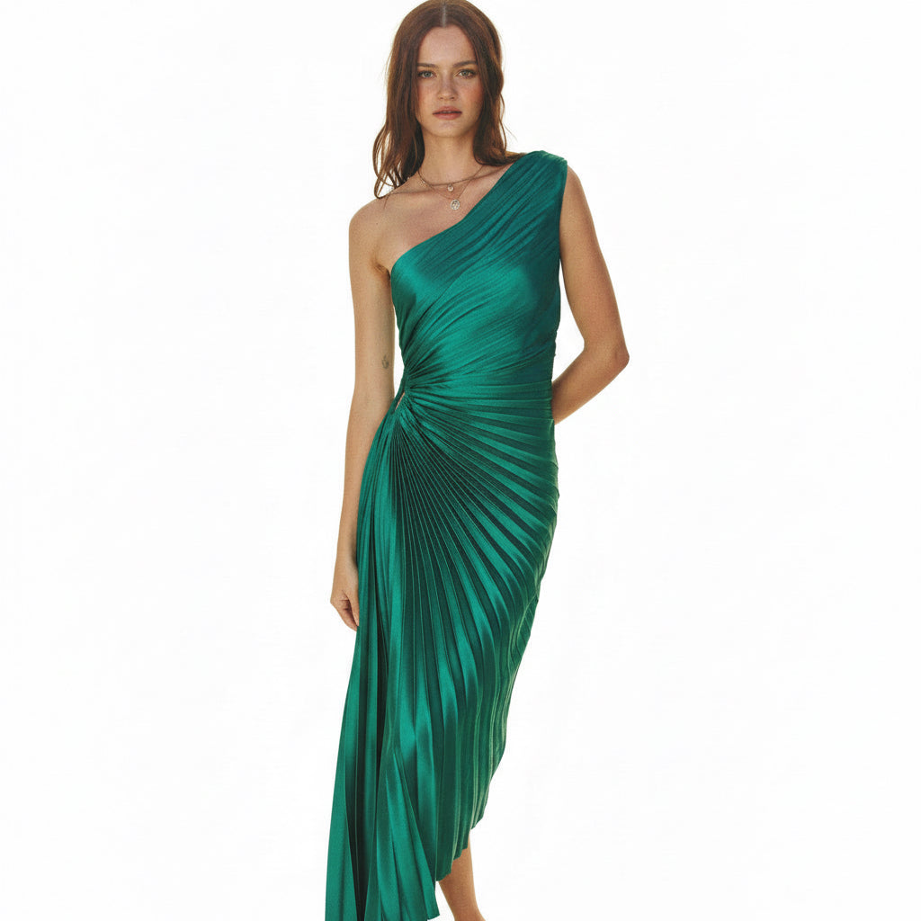 Elegant One Shoulder Emerald Green Cut-Out Pleated Satin Midi Dress