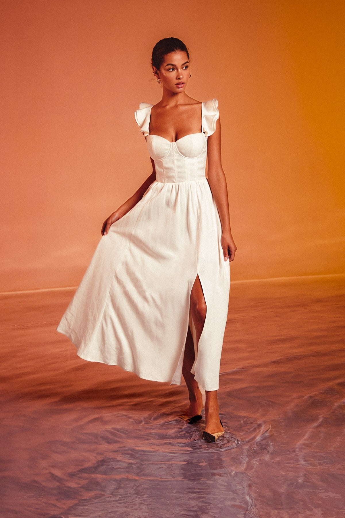 Elegant Summer Strap Ivory Band Detailed V-Neck Corset Tie-Up Ruffle Midi Dress