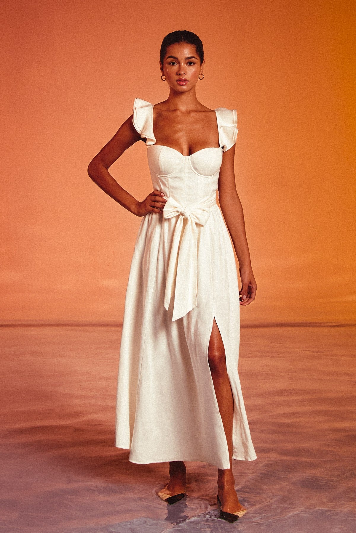 Elegant Summer Strap Ivory Band Detailed V-Neck Corset Tie-Up Ruffle Midi Dress