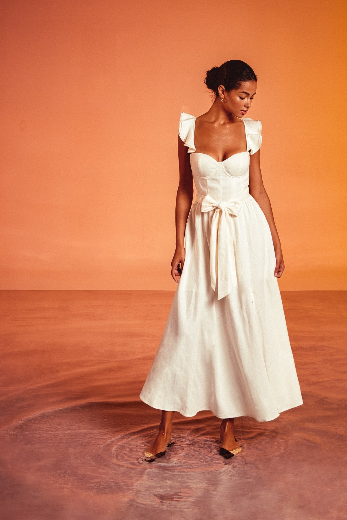 Elegant Summer Strap Ivory Band Detailed V-Neck Corset Tie-Up Ruffle Midi Dress