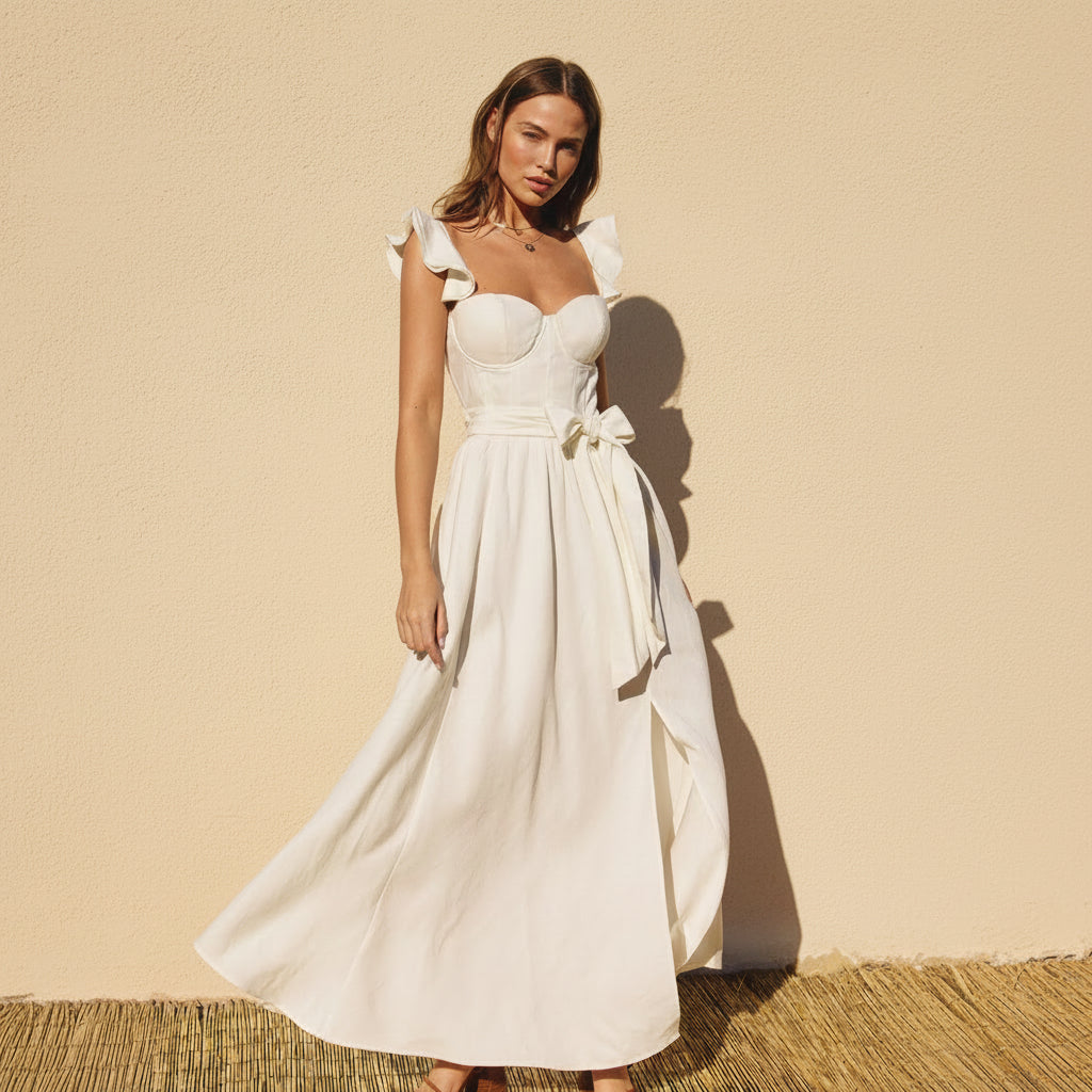 Elegant Summer Strap Ivory Band Detailed V-Neck Corset Tie-Up Ruffle Midi Dress