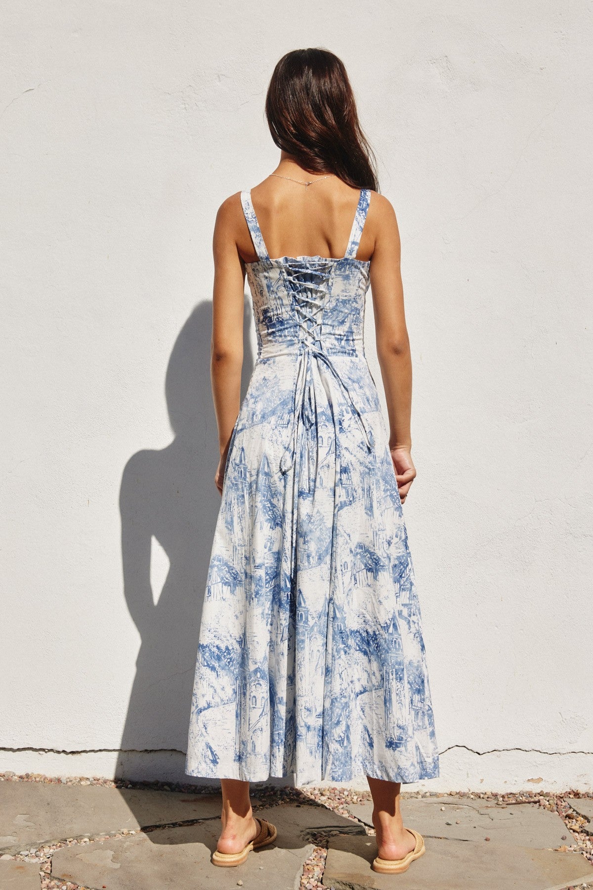 Fashion Summer Strap White Blue Print V-Neck Corset Front Back Tie-Up Ruffle Midi Dress