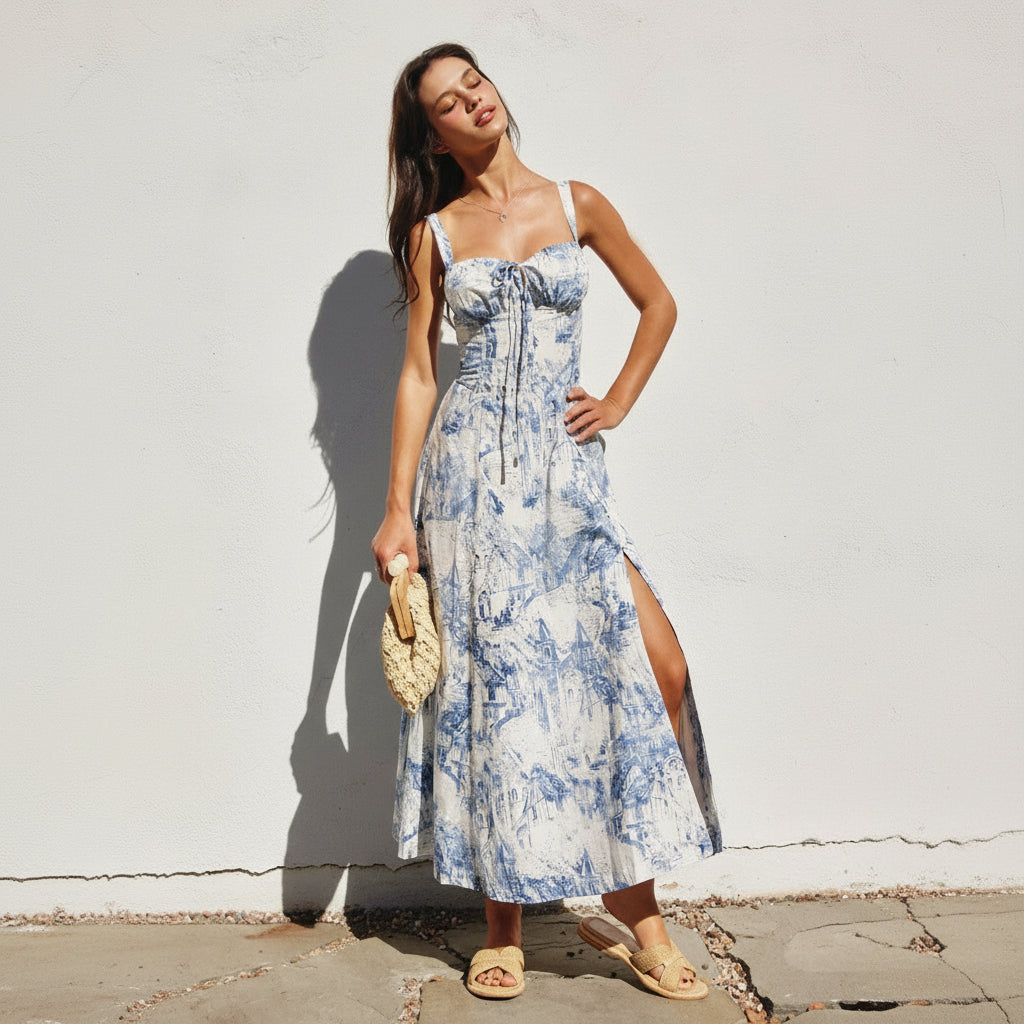 Fashion Summer Strap White Blue Print V-Neck Corset Front Back Tie-Up Ruffle Midi Dress