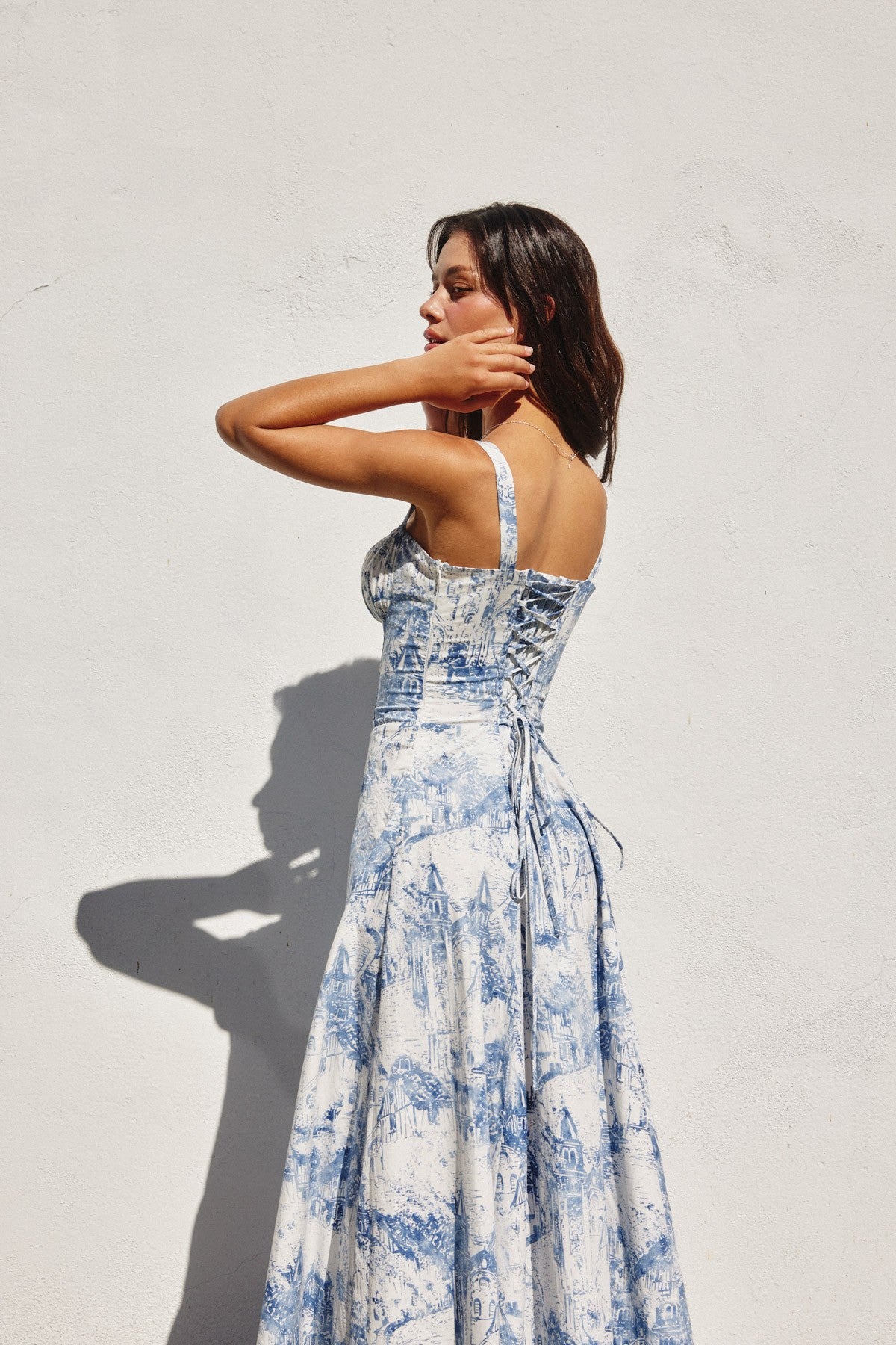 Fashion Summer Strap White Blue Print V-Neck Corset Front Back Tie-Up Ruffle Midi Dress