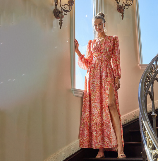 Fashion Red Multi-Color Floral Print V-Neck Ruffle Cut-Out Open Back Maxi Dress with Long Sleeve