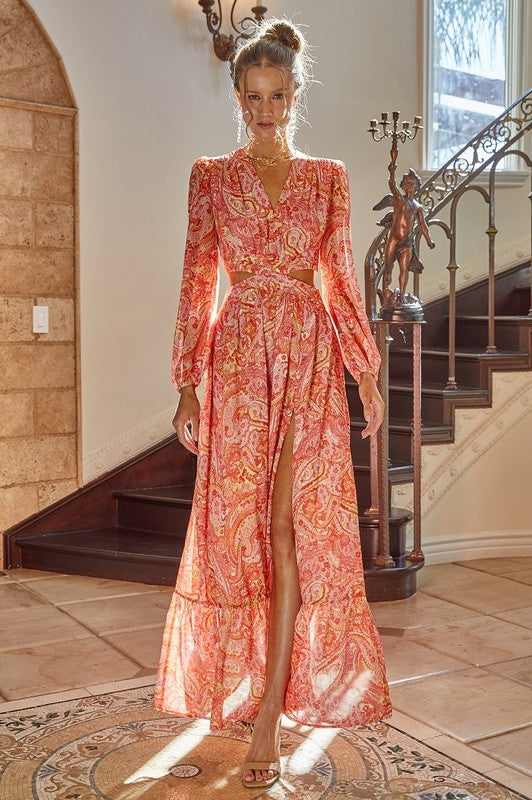 long sleeve cut out floral dress White Malu Winter Cut-Out Long Sleeve Maxi Dress